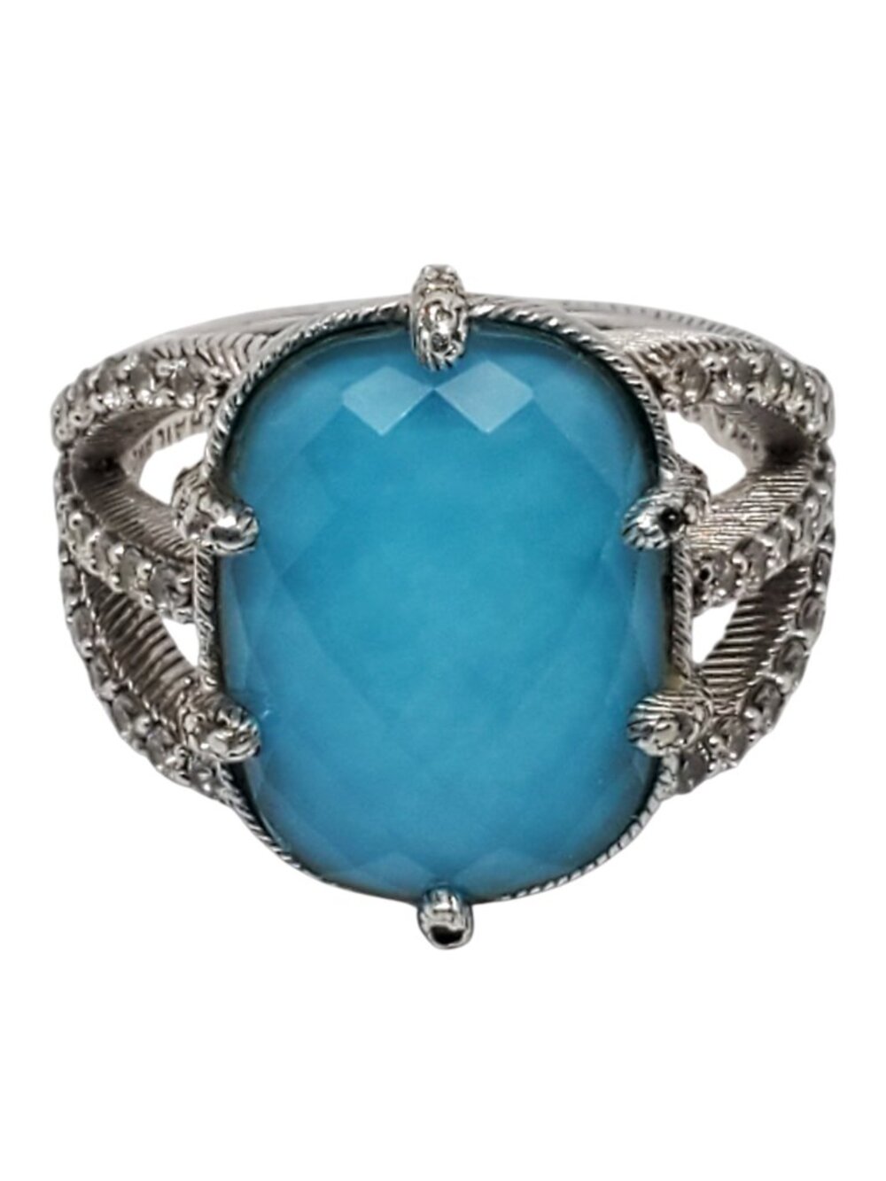 Judith Ripka Sterling Silver CZ Turquoise Doublet Cable Ring Size 11 #24578
